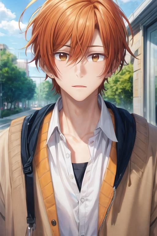 KREA - orange - haired anime boy, 1 7 - year - old anime boy with wild  spiky hair, wearing blue jacket, shibuya street, blue sunshine, strong  lighting, strong shadows, vivid hues,